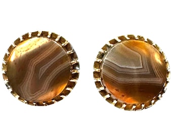 Vintage 14 Karat Yellow Gold Banded Agate Pierced Earring, Cuff Link Up Cycle