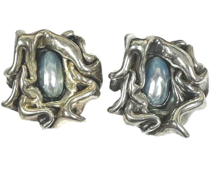 Sterling Silver Free Form Clip On Pearl Earrings, Designer Earrings Signed A. Idan