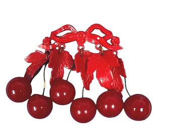 Hanging Cherry Brooch with Bow & Leaf Design - Bakelite Collectible