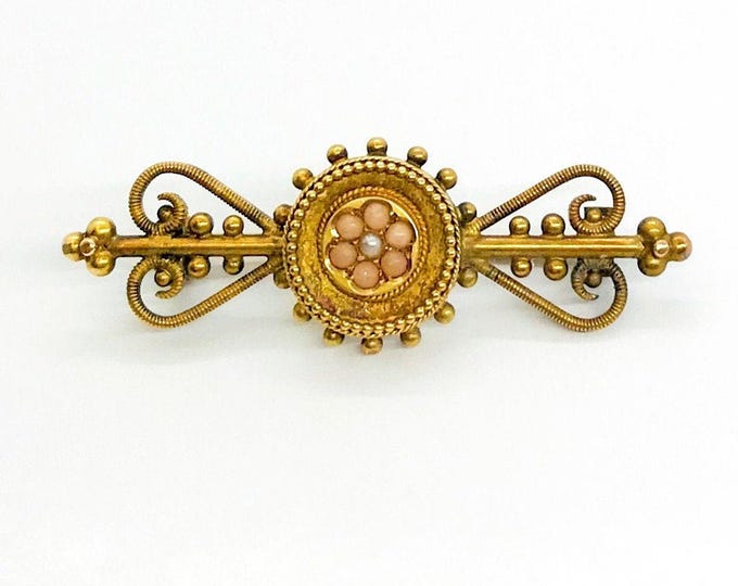 Yellow Gold Coral & Seed Pearl Bar Pin - 15 CT Victorian Brooch