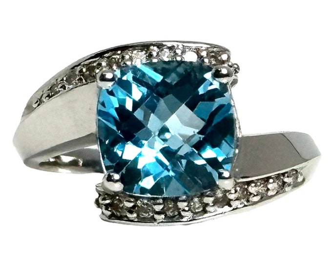 Elegant Vintage Blue Topaz and Diamond Ring in 10K White Gold - Sophisticated Checker Cut