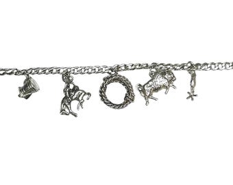 Vintage Sterling Silver Charm Bracelet with Five Charms-Western Cowboy Theme