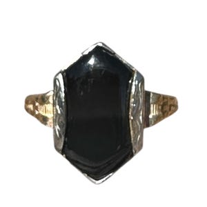 Art Deco Black Onyx Ring: Two-Tone 10k Gold Vintage Jewelry
