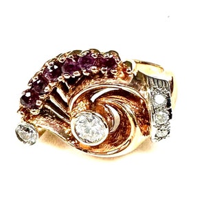 Ruby Diamond Retro Ring - 14K Rose Gold Vintage Glamour, Unique Jewelry
