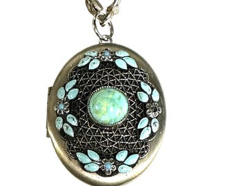 Vintage Style Faux Turquoise Locket, Silver Tone Enamel Pendant Necklace