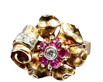 Elegant Retro Ruby & Diamond Ring, Vintage 14k Gold July Birthstone