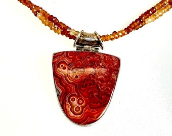 Vintage Botswana Agate Pendant Necklace: Sterling Silver, Citrine Quartz Beads