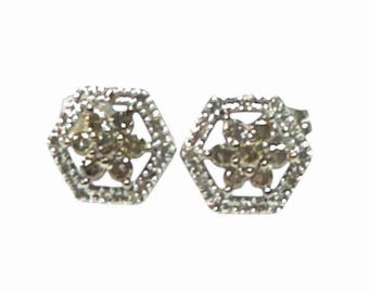 14 Karat White Gold Diamond Hexagon Shaped Pierced Earrings-Estate Jewelry