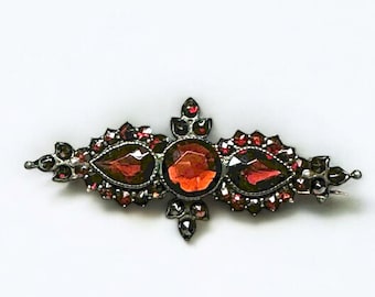 Authentic Antique Bohemian Cut Garnet Bar Pin Brooch, January Birthstone