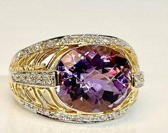 Vintage Yellow Gold Amethyst Diamond Ring - Filigree Design