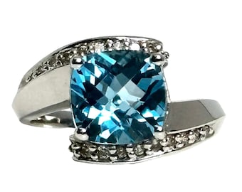 Elegant Vintage Blue Topaz and Diamond Ring in 10K White Gold - Sophisticated Checker Cut