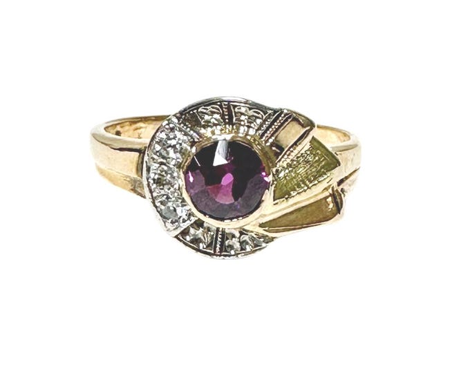 Authentic 10 Karat Yellow Gold  Garnet and Diamond Retro Ring