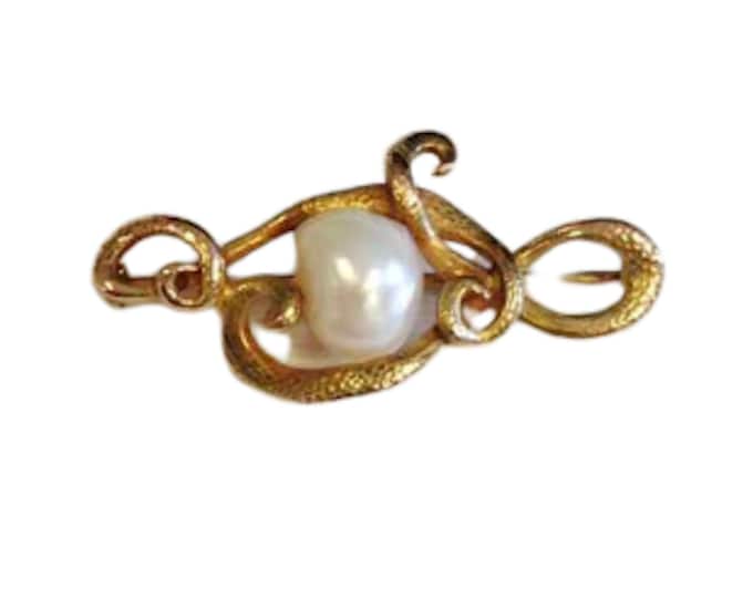 Yellow Gold Baroque Pearl Pin, Baroque Pearl Pin, Pearl Pin, Snake Like Design, Antique Pearl Pin, Vintage Pearl Pin, Antique Pin