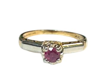 Vintage 14 Karat Yellow and White Gold Ruby Solitaire Ring, Promise Ring