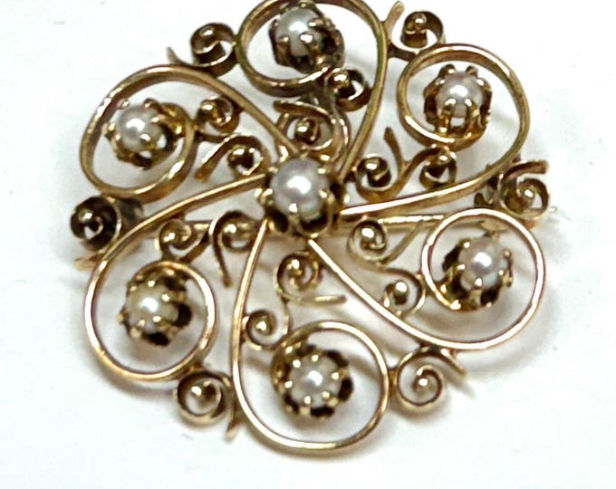Authentic Antique Victorian Pearl Sunburst Brooch, 14 Karat Yellow Gold, Sunburst Pendant
