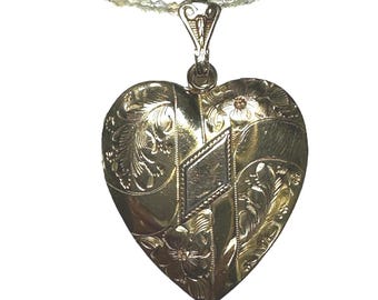 Vintage Gold-Filled Engraved Heart Locket Necklace Suspended by Quartz Crystal