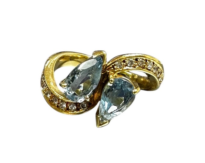 Double Pear Shaped Blue Topaz and Channel Set Diamond Bypass Ring; Fashion Ring; Statement Ring