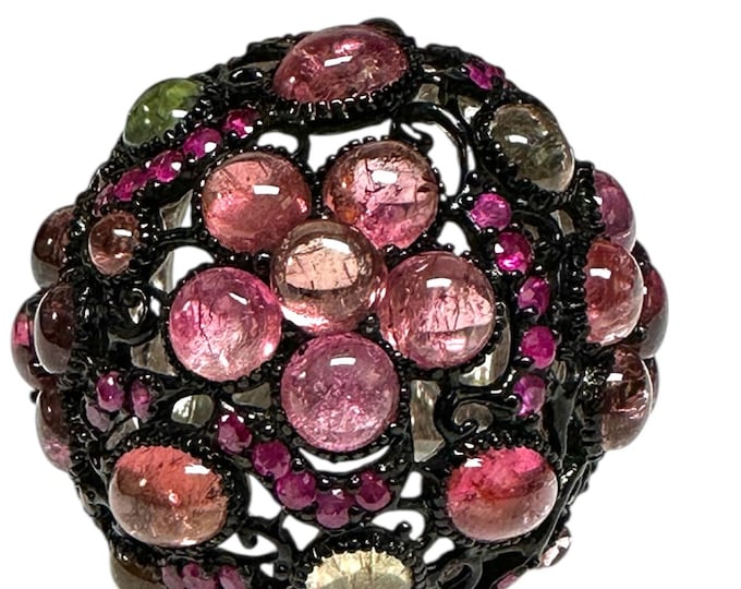 Oxidized Sterling Silver Dome Tourmaline and Ruby Ring, Cabochon Multi-Stone Design
