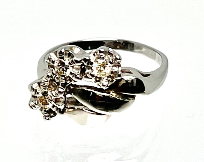 14K White Gold Diamond Cocktail Ring: Mid Century Illusion Head