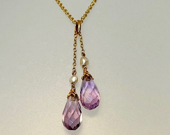Vintage Amethyst and Pearl Necklace, Yellow Gold Amethyst Necklace, Amethyst Briolette and Pearl Necklace, Vintage Necklace