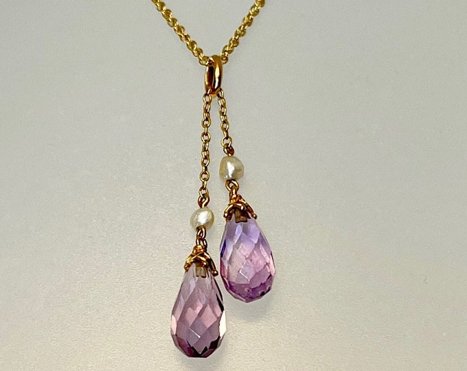 Vintage Amethyst and Pearl Necklace, Yellow Gold Amethyst Necklace, Amethyst Briolette and Pearl Necklace, Vintage Necklace