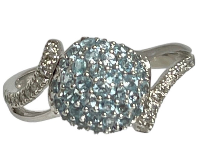 14 Karat White Gold Blue Topaz Cluster Ring with Diamonds, Vintage Blue Topaz Ring
