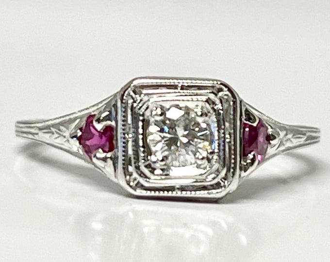 White Gold Diamond and Ruby Filigree Ring, Antique Filigree Ring, Edwardian Filigree Diamond Ring with Ruby Accents