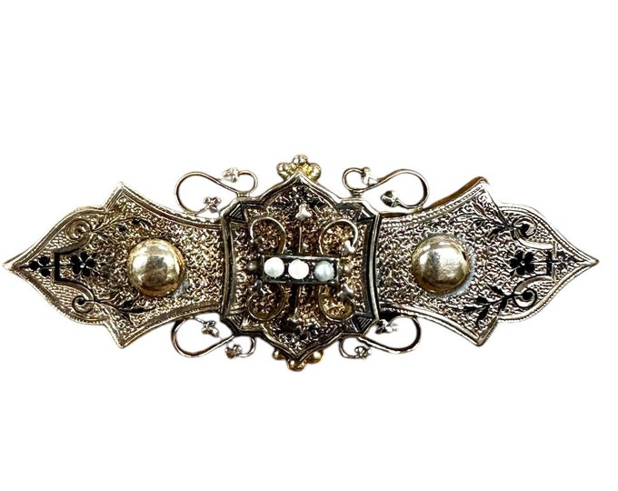 Victorian Yellow Gold and Black Enamel with Seed Pearl Bar/Collar Pin