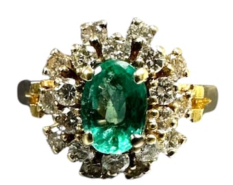 1970s Emerald and Diamond 14k Yellow Gold Cocktail Ring