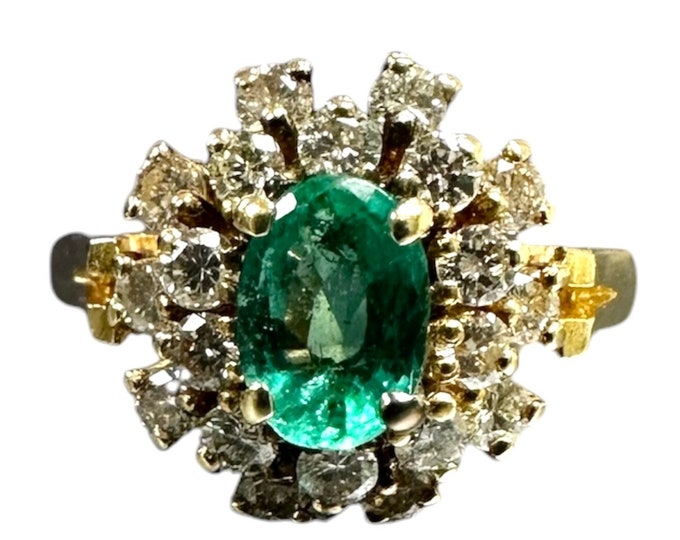 Classic Emerald and Diamond Cocktail Ring from the Late 1970's, Cluster Ring, Multi Stone Ring, Yellow Gold, Cluster Ring