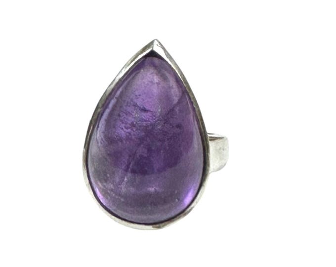 Bezel Set Amethyst Ring in Sterling Silver - Chic Pear Shaped Cabochon-February Birthstone