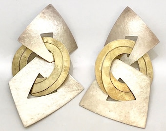 Signed Kanda Sterling Silver and Brass Pierced Earrings, Dangle Pierced Earrings, Kanda Earrings, Mixed Metal Earrings, Geometric Earrings