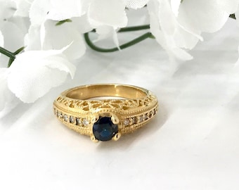 Yellow Gold Sapphire and Diamond Filigree Ring