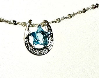 Star Cut Blue Topaz and Diamond Pendant, White Gold Horseshoe