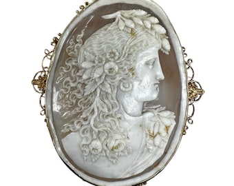 Antique Shell Cameo Pin Pendant: Victorian 14k Gold Floral Woman