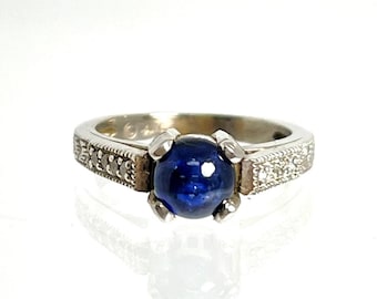 Vintage 14K White Gold Cabochon Sapphire and Diamond Ring