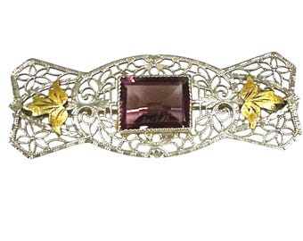 10k White Gold Filigree Brooch with Yellow Gold Accents, Purple Glass