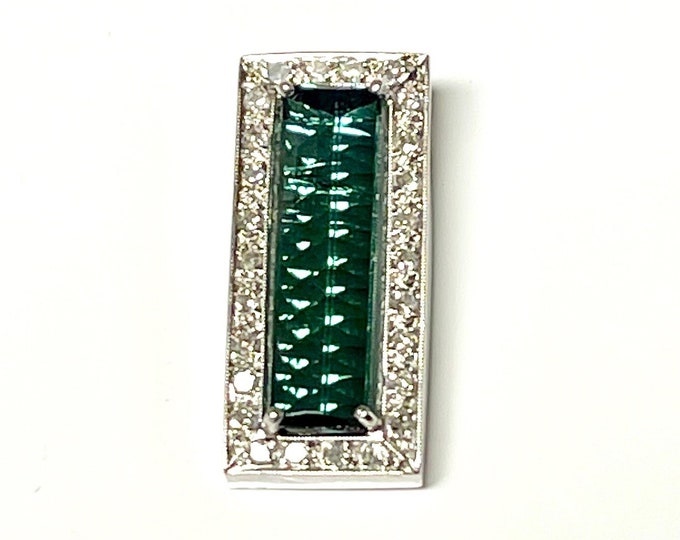 White Gold Green Tourmaline and Diamond Pendant, Fancy Cut Green Tourmaline, Custom Cut Green Tourmaline, Tourmaline and Diamond Pendant