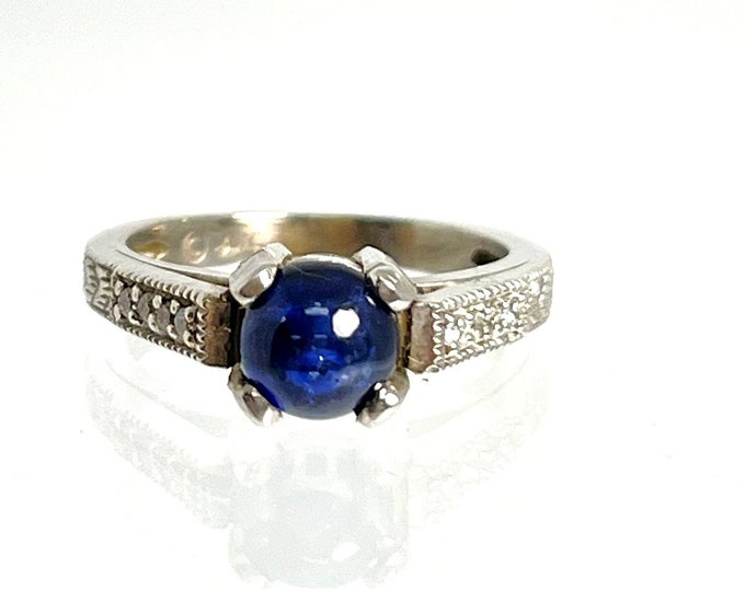 14 Karat White Gold Blue Sapphire and Diamond Ring, Vintage Sapphire and Diamond Ring