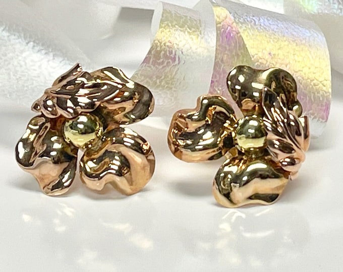 Vintage Rose and Yellow Gold Flower Earrings, Pierced Gold Flower Earrings, Vintage Pierced Earrings, Yellow and Rose Gold Earrings