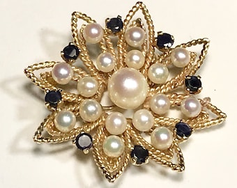 Vintage 14K Yellow Gold Pearl & Sapphire Sunburst Brooch
