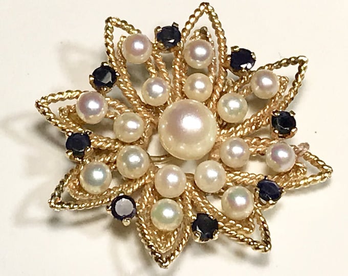 Yellow Gold Pearl and Blue Sapphire Sunburst Pin, Vintage Sunburst Brooch, Vintage Pearl and Blue Sapphire Brooch