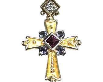 Vintage 14K Yellow Gold Cross Pendant: Pink Tourmaline, Tanzanite & Diamond