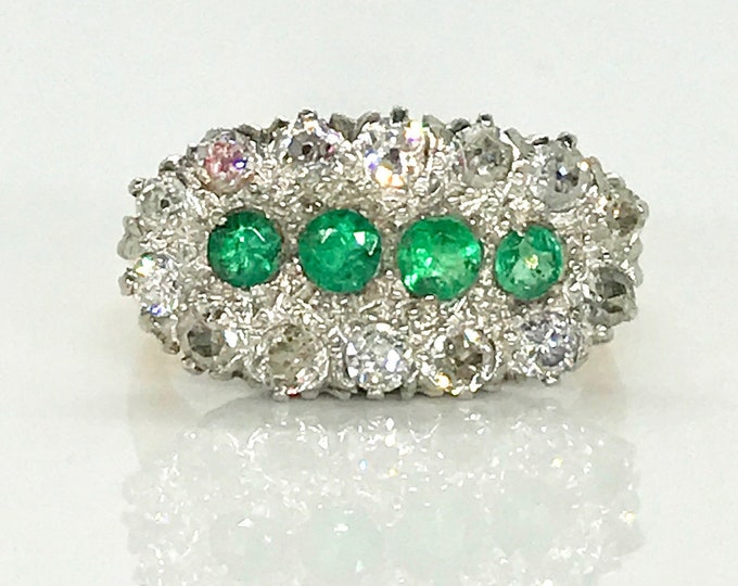 14 Karat Yellow Gold and Platinum Emerald and Diamond Ring, Vintage Emerald Ring, Diamond Ring, May Birthstone, Birthstone Ring