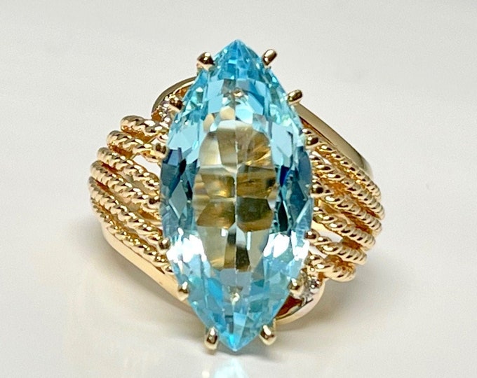 Vintage Yellow Gold Blue Topaz Ring, Vintage Blue Topaz Ring, Marquise Cut Blue Topaz Ring