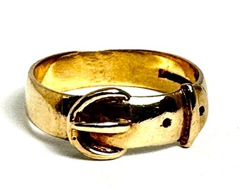 Victorian English Hallmarked 9 Karat Yellow Gold Buckle Ring, Gold Buckle Ring