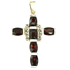 Sterling Silver Garnet Cross Pendant – Deep Red Garnets and Marcasite Accents