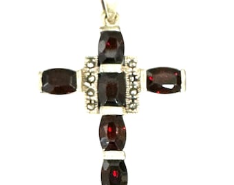 Sterling Silver Garnet Cross Pendant – Deep Red Garnets and Marcasite Accents