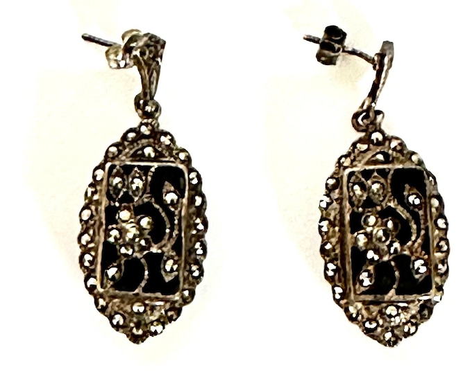 Vintage Sterling Silver Marcasite Dangle Earrings - Antique Style Statement Jewelry