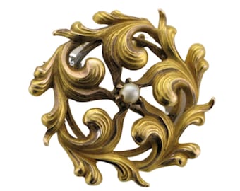 Victorian 14k Yellow Gold Pearl Pin Pendant: Rococo Design